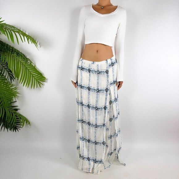 Women's Cato Blue & White Boho Coastal Chic Cottagecore Pleated Skirt / 18/20W - Picture 4 of 8